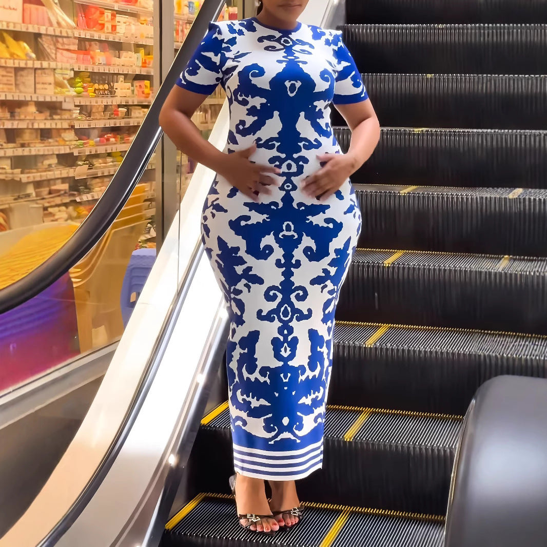 Women Elegant Printing Slim Fit Hip Short Sleeve Dress