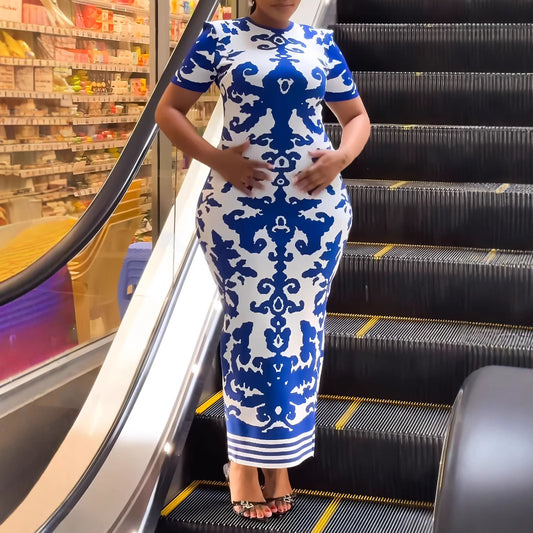 Women Elegant Printing Slim Fit Hip Short Sleeve Dress