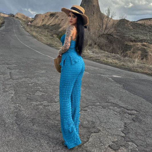 Summer Women Clothing Sexy off the Shoulder Tube Top Beveled Top Slim Trousers Two Piece Sets