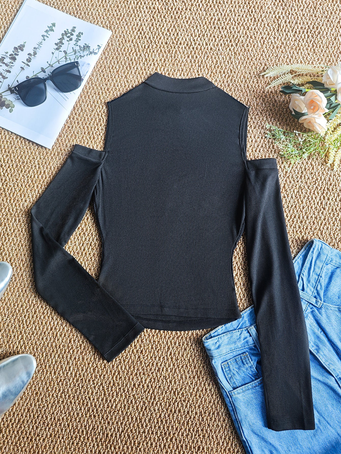 Sexy Black Cut out Lace off Shoulder T shirt Stitching Long Sleeve Tight Stretchy Underwear Women Outerwear