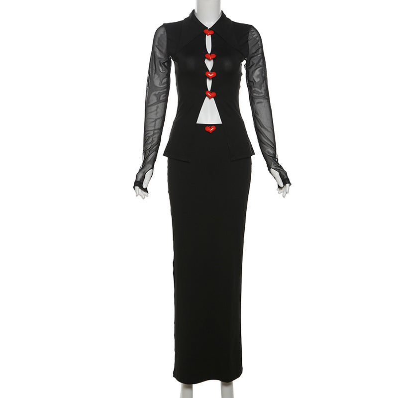 Fall Women Clothing Sexy See through Mesh Stitching Long Sleeves Top Sheath Figure Skirt Sets