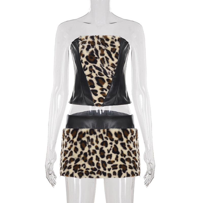 Women Clothing Two Piece Sets Leopard Fur Stitching Leather Tube Top Sexy Hip Skirt Two Piece Sets