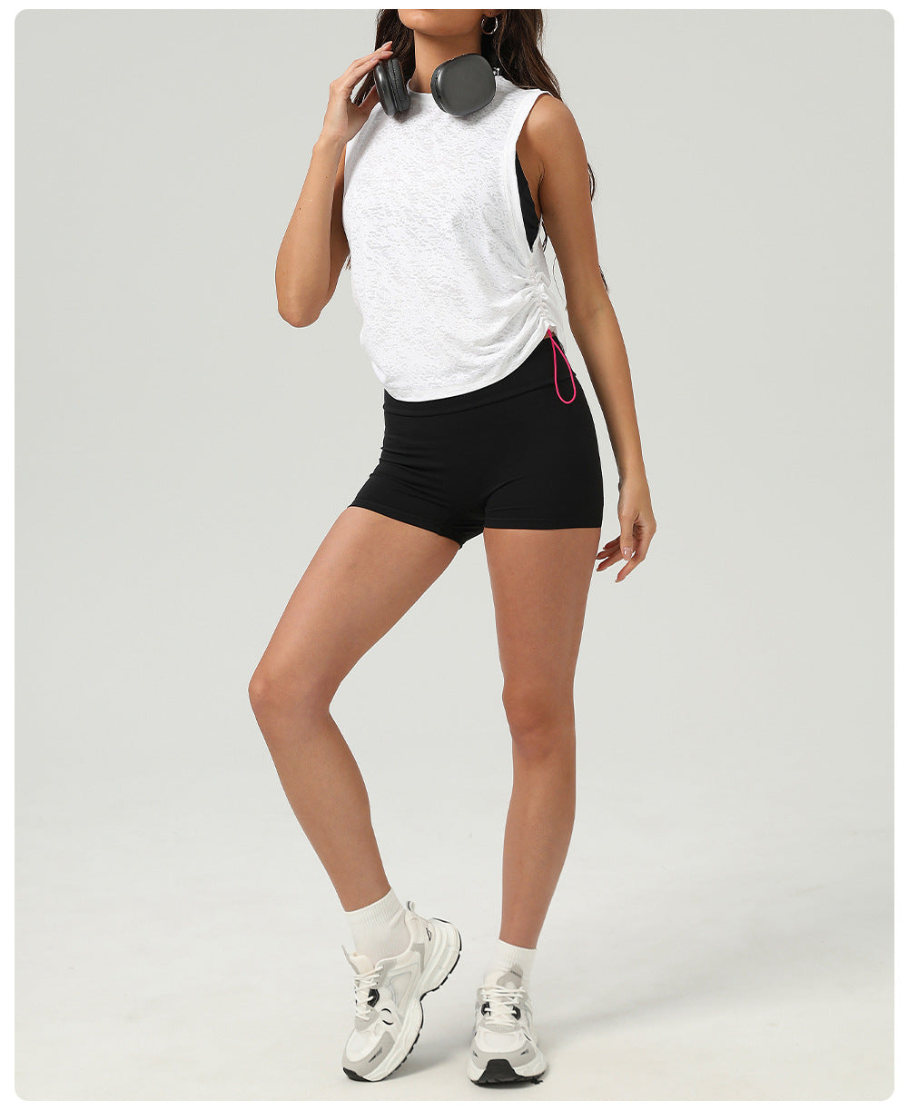 Breathable Yoga Exercise Vest Women Summer Loose round Neck Sleeveless Sports Top Drawstring at Hem Jacquard Blouse
