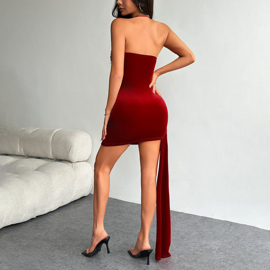 Velvet Stitching Lace Slim High Waist Halter Sexy Dress Women