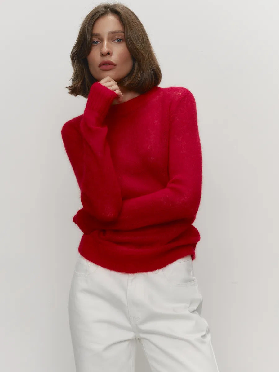 Spring Summer Thin Sweater Blouse Women round Neck See through Basic Knitwear Candy Color