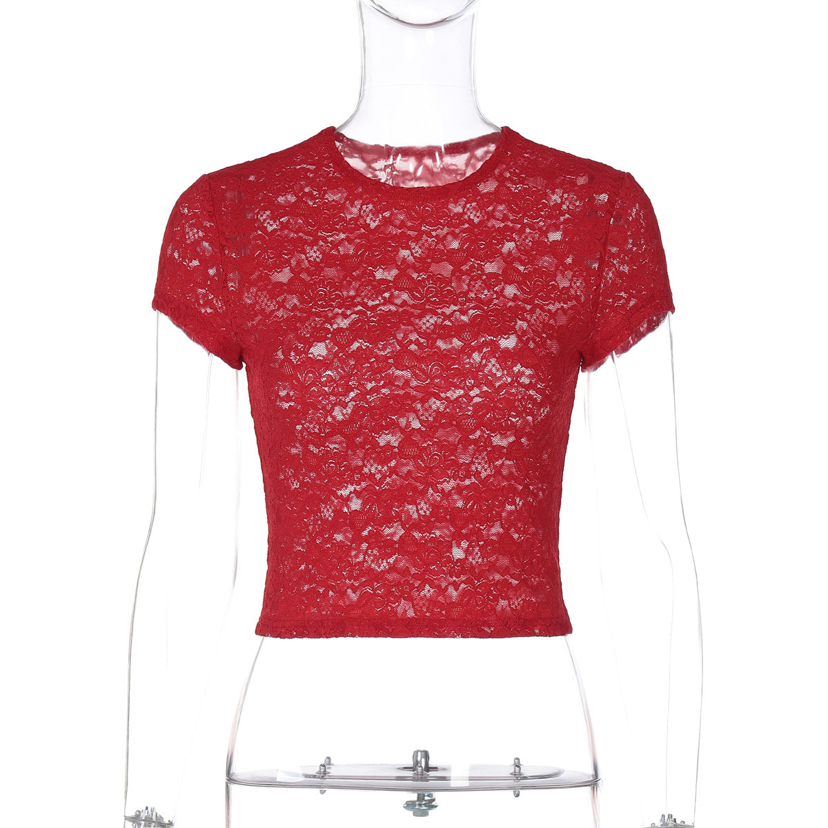 Women Clothing Spring Summer Sexy Lace See through Slim Fit Crew Neck T shirt Top