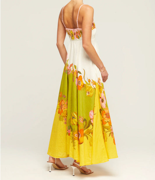 Sexy Sling Cotton Linen Printing Positioning Large Swing Dress Women