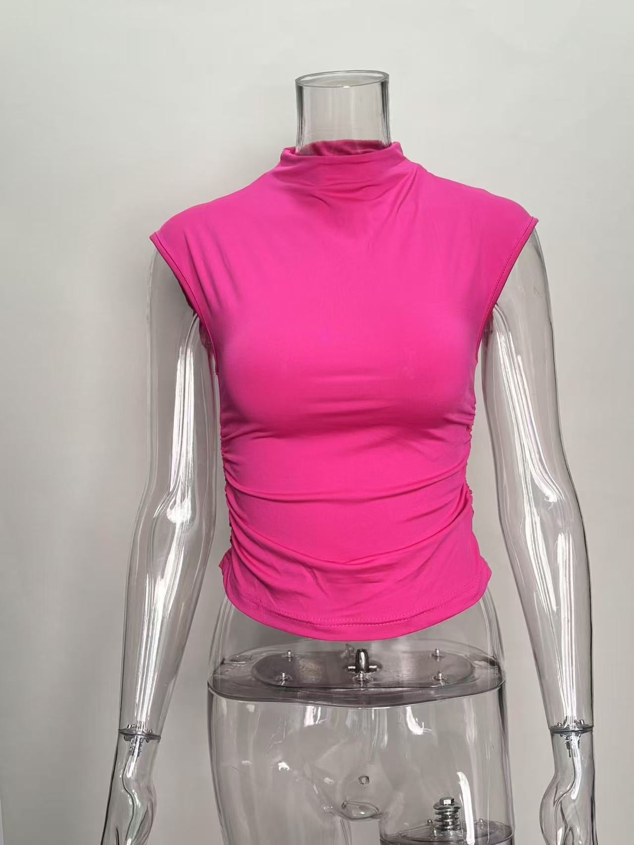 Women Clothing Summer Half Turtleneck Solid Color Pleated Slim Sleeveless Simple Comfortable Top Women