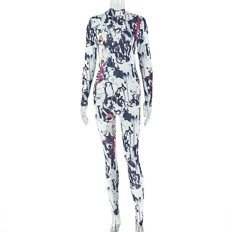 Personality Women Printed Wear Color Matching Tight Jumpsuit Stand Collar Elastic Sheath Long Jumpsuit