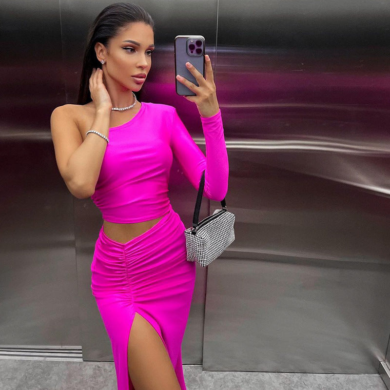 Women Sexy Oblique Shoulder Single Sleeve Pleated Cropped Outfit Split Mid Length Women Dress