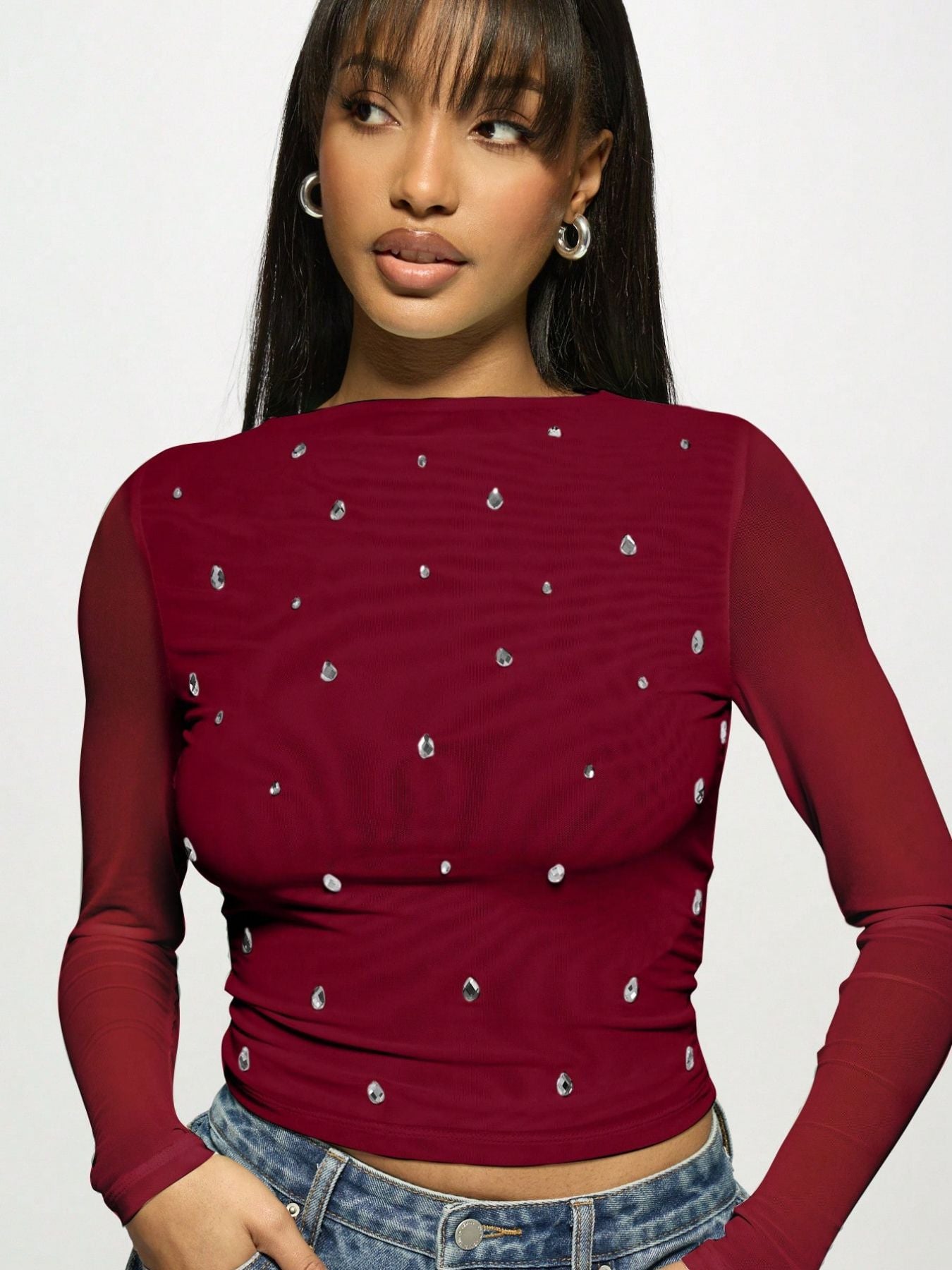 Autumn Winter Long Sleeve Double Layer Mesh Drilling Women Western Bottoming