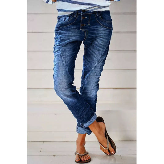 Ripped Denim Drawstring Elastic Waist Washed Women Casual Pants Tide