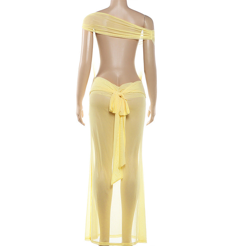 Spring Women Solid Color Sexy Sheer Mesh Design Backless Sheath Dress