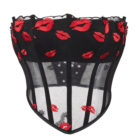 Mesh Red Lip Print Pattern Women Tube Top Breathable Court Top