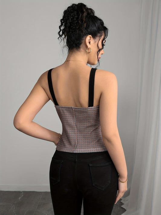 Court Retro Plaid Sling Tube Top Exquisite Elegant Button French Slim Fit Vest Top