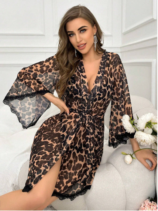 Sexy Wild Retro Bell Sleeve Thin Transparent Bathrobe Sexy Lingerie