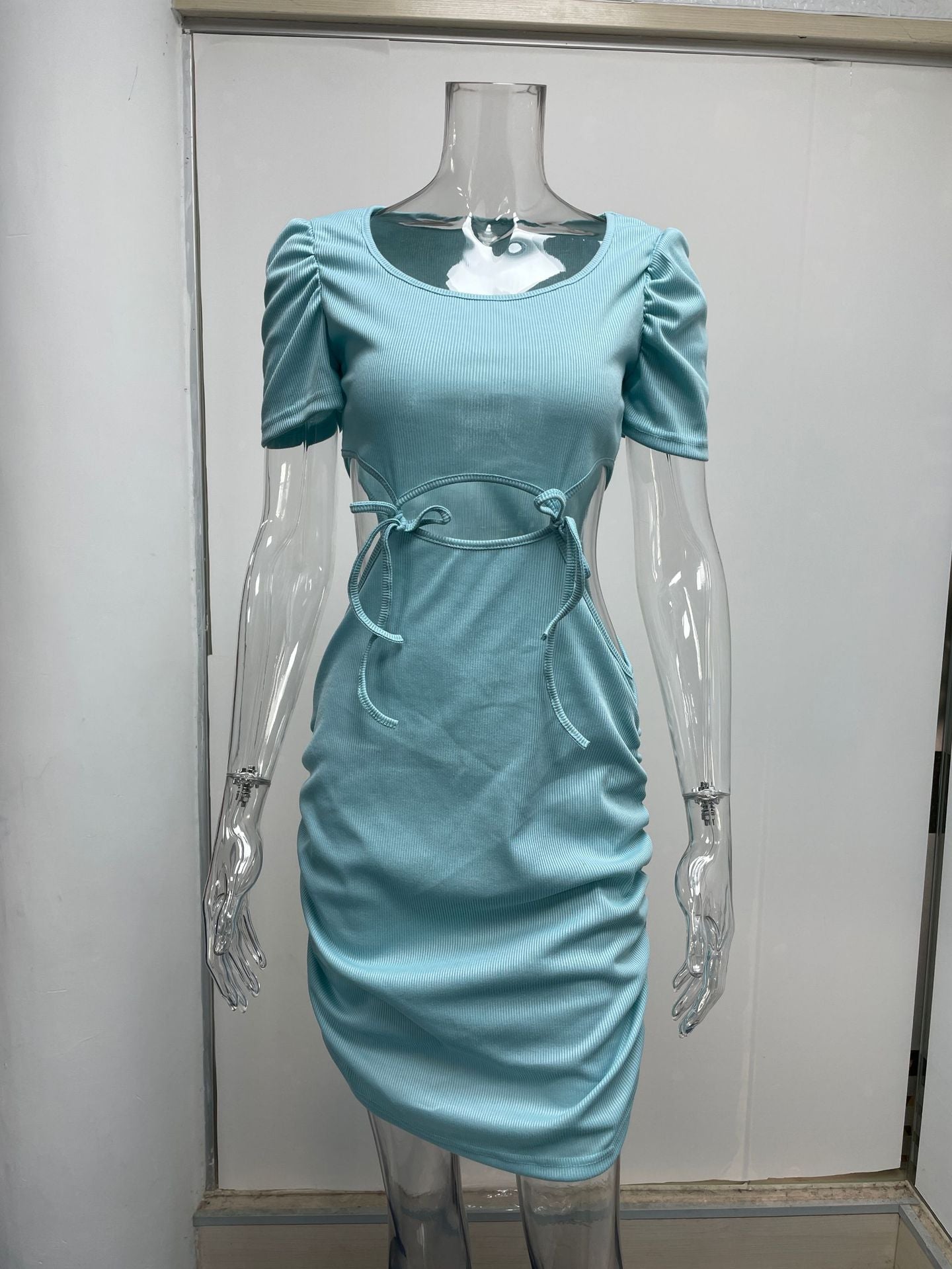 Blue Dress Women Short Sleeved Sheath Skinny Short