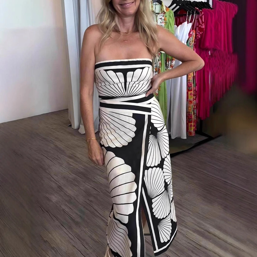 Summer Sexy Shell Positioning Printing Tube Top Backless Split Dress