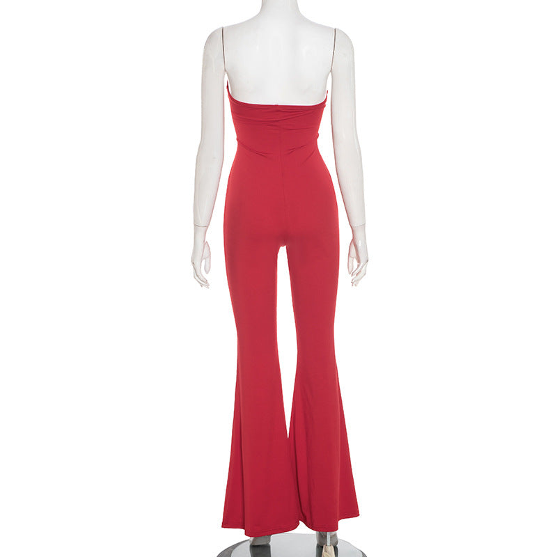 Women Clothing Autumn Solid Color Strapless Sleeveless Slim Hollow Out Cutout Backless Twisted Knot Jumpsuit