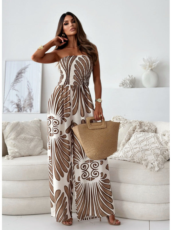 Women Clothing Chemical Supply Summer Printed Tube Top Cinched Waist Trousers Jumpsuit