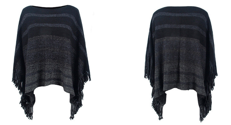 off Neck Tassel Shawl Women Autumn Contrast Color Striped Cape Coat
