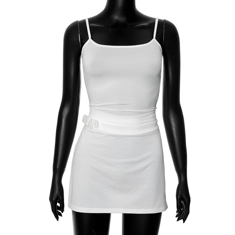 Women Clothing Summer Solid Color Slim Fit Camisole Short Skirt Set