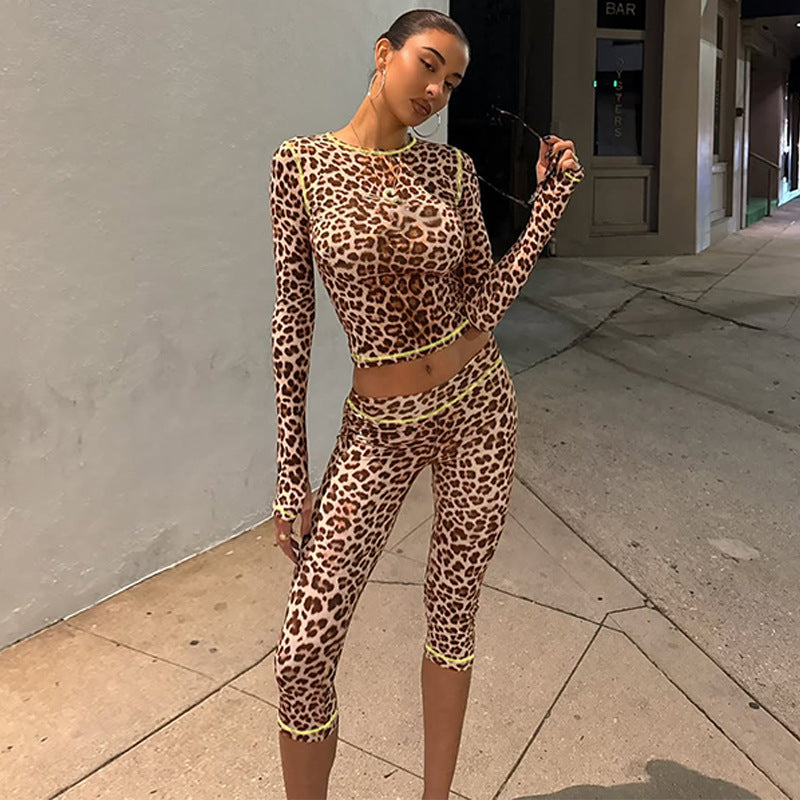 French Women Clothing Autumn Winter Leopard Print Cropped Long Sleeve Top Slim Shorts Set