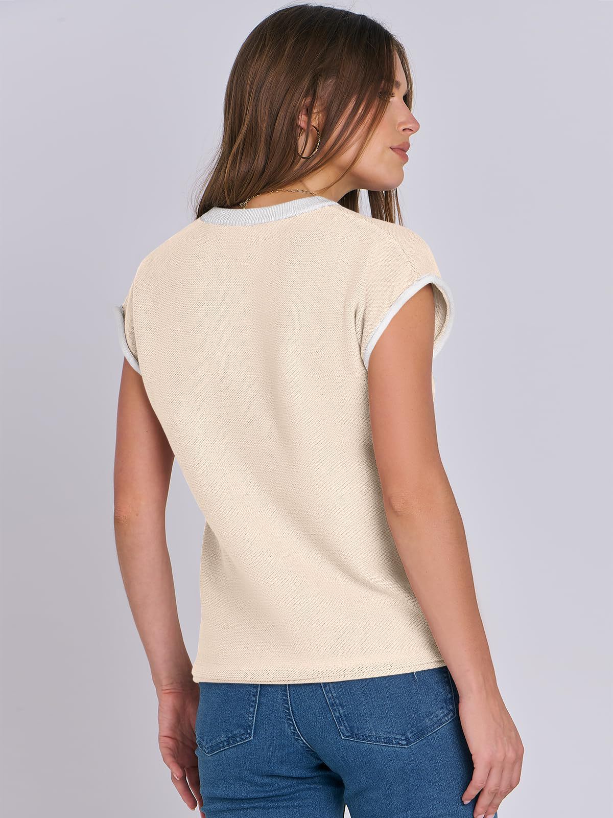 Women Clothing Summer round Neck Knitted Top Casual Striped Contrast Color Sweater