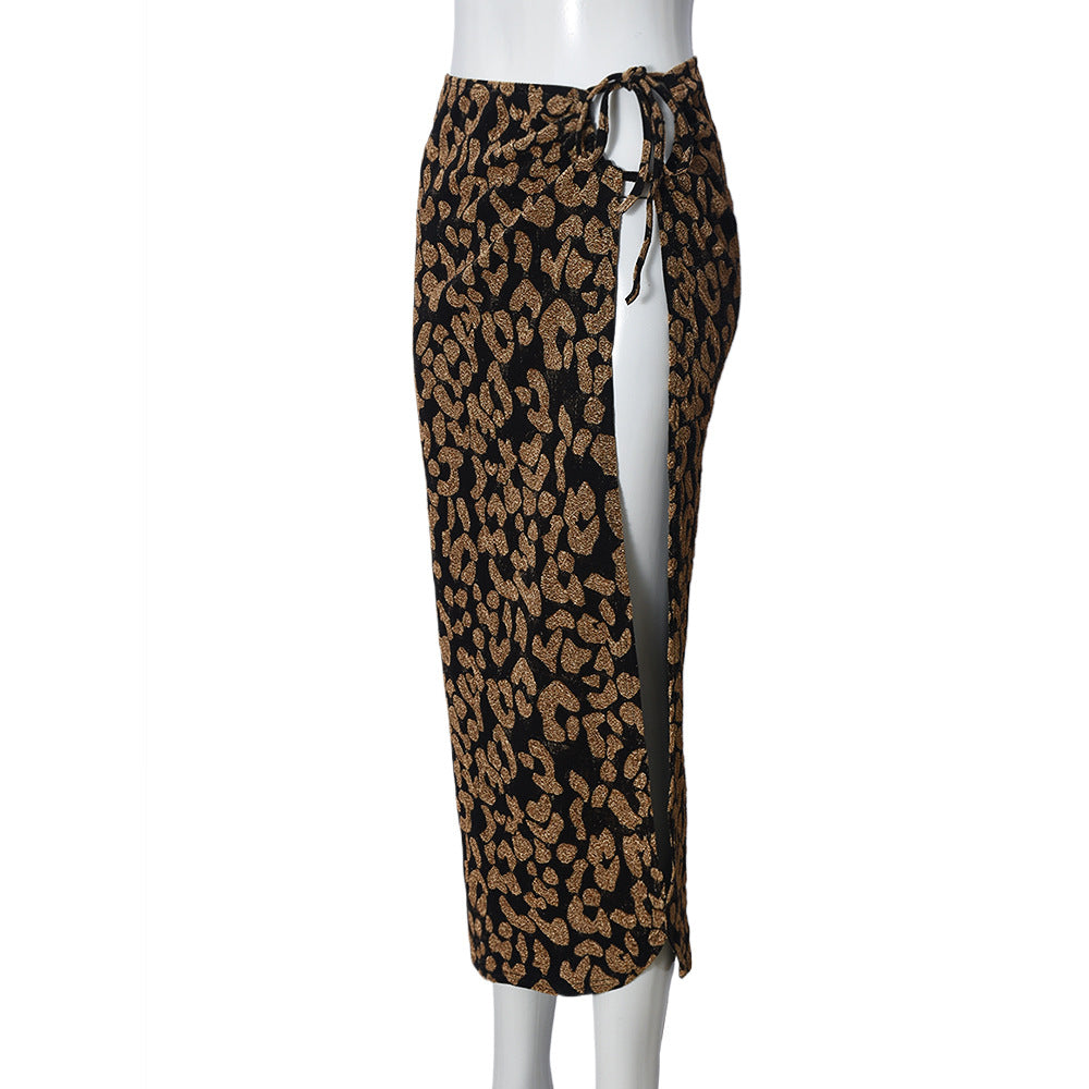Women Pants Personality Slit Drawstring Lace Stretch Leopard Print Skirt