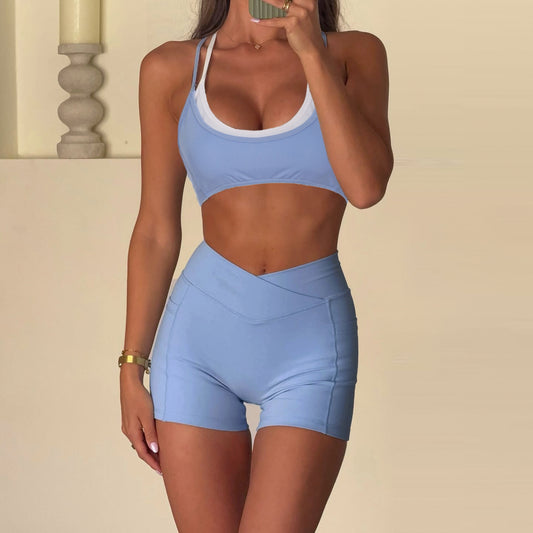 Faux Two Pieces Contrast Color Suspender Shorts Casual Sports Set Yoga Fitness Two Piece Set for Women