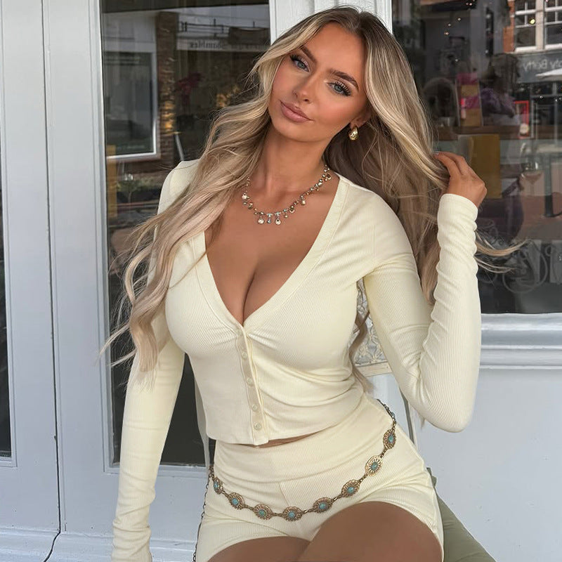 Women Solid Color Long Sleeve Two Piece Set Winter Breasted Cardigan Slim Fit Short Set