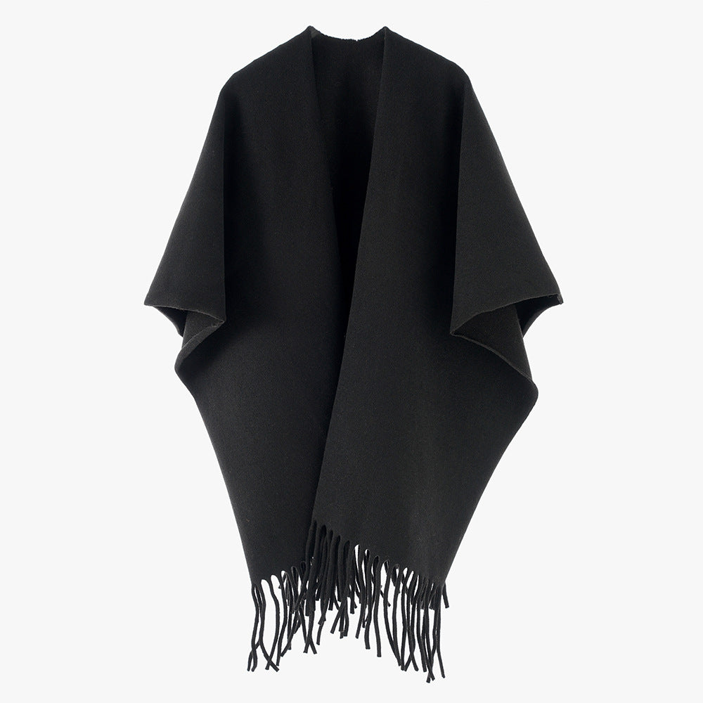 Solid Color All Matching Cashmere Tassel Shawl for Women Fall Winter Retro Travel Warm Outerwear Cloak Robe