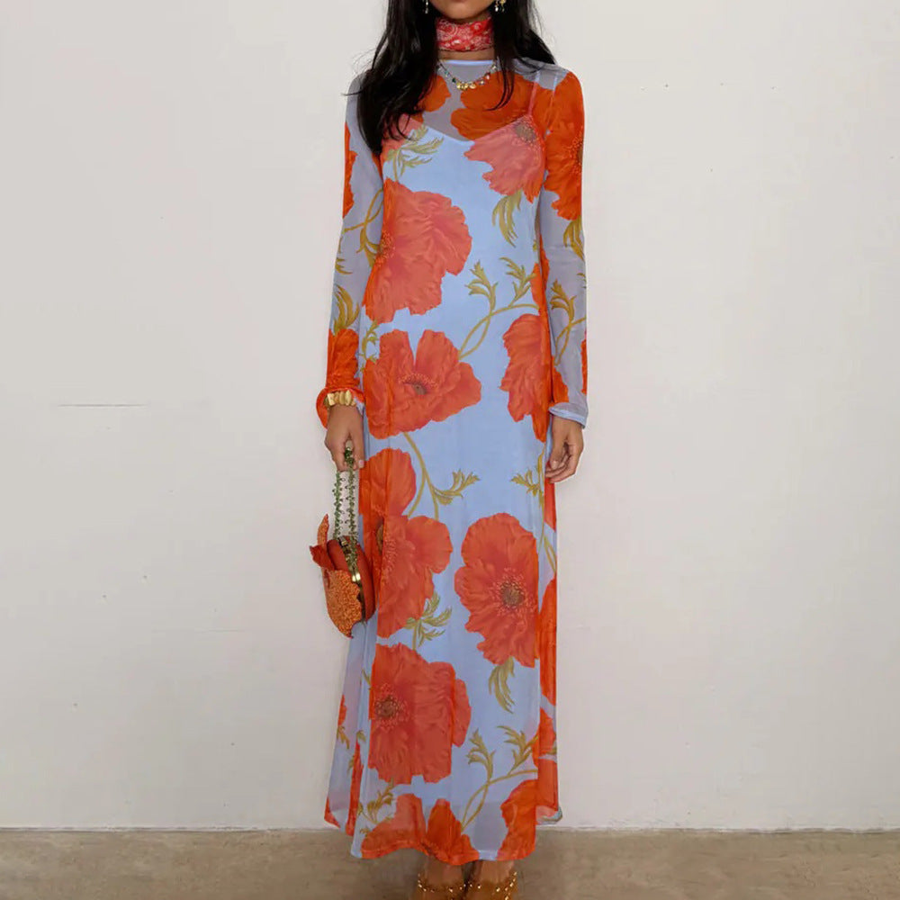 Sexy See through Mesh Floral Print Dress Lazy Casual Wild Dress