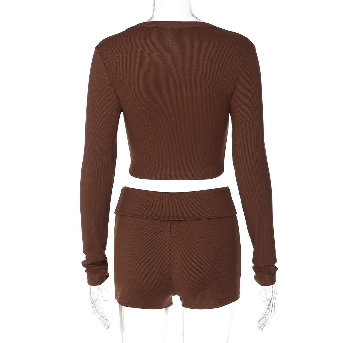 Women Solid Color Long Sleeve Two Piece Set Winter Breasted Cardigan Slim Fit Short Set