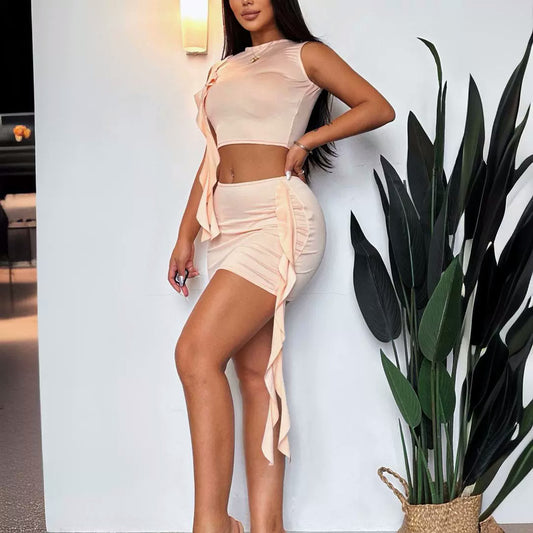 Sexy Solid Color Pullover Hollow Out Cutout Vest Top Flounce Peplum Hip Wrapped Dress Two Piece Set