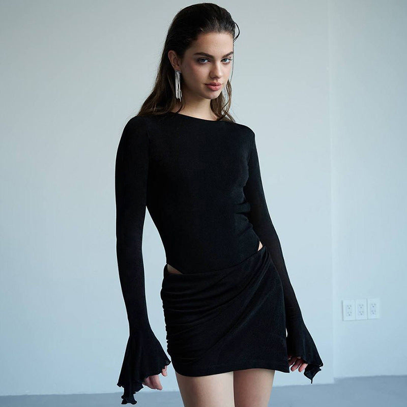 Winter Women Clothing Trendy Long Sleeve round Neck Backless Sexy Two Piece Sets