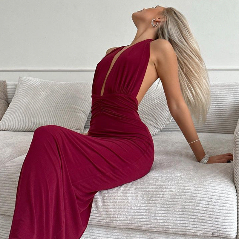 Women Sexy V neck Halter Backless Pleated High Waist Solid Color Dress Formal Dress