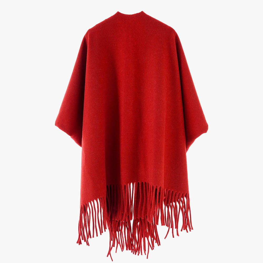 Solid Color All Matching Cashmere Tassel Shawl for Women Fall Winter Retro Travel Warm Outerwear Cloak Robe