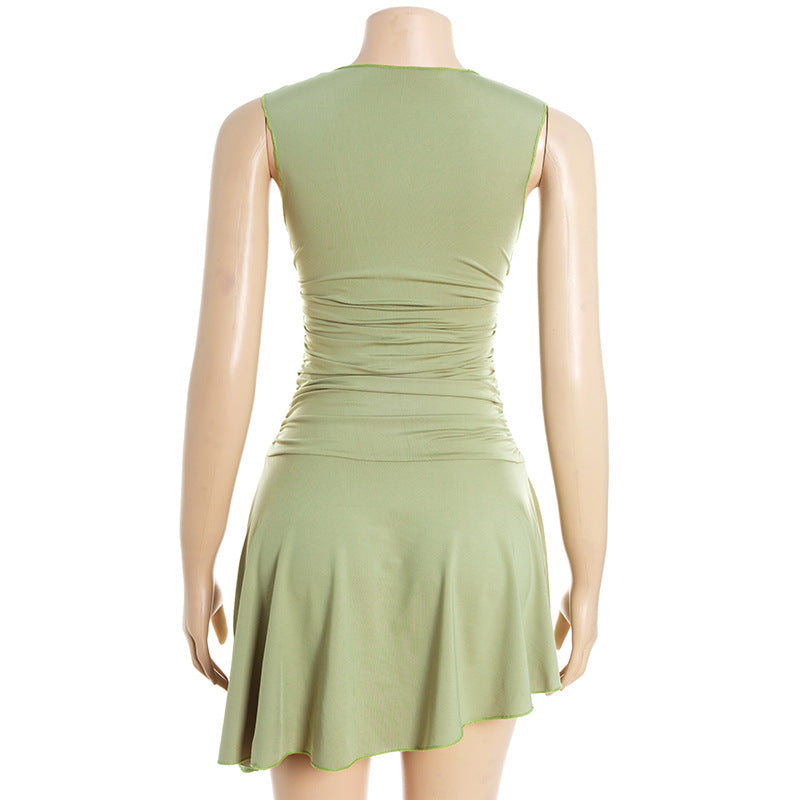 Round Neck Pullover Sleeveless Slim Fit Pleating Short Irregular Asymmetric Solid Color Dress