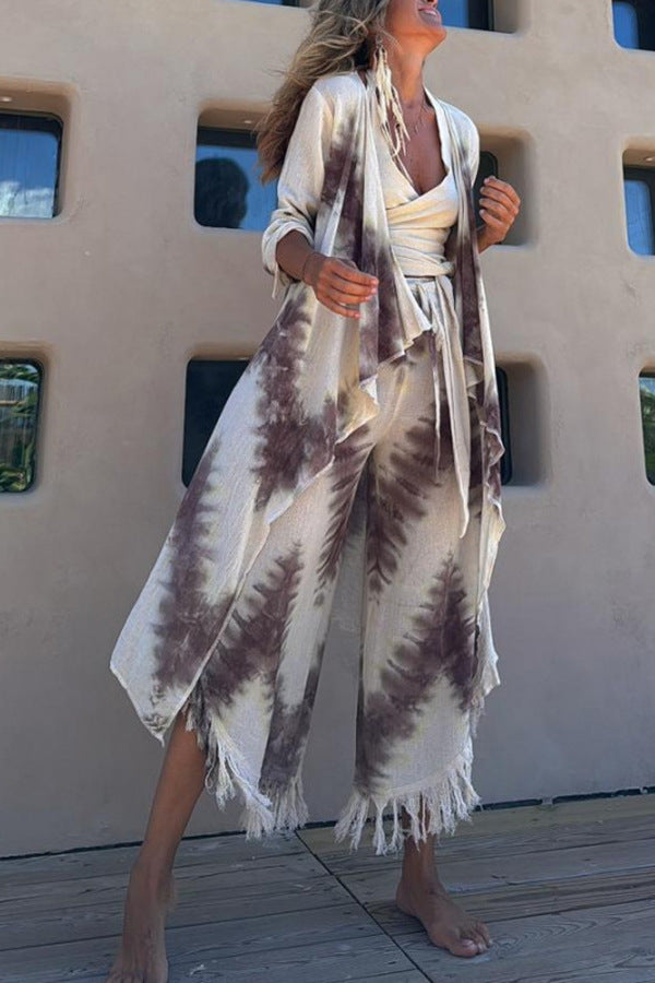 Printed Vest Tassel Cropped Pants Coat Three Piece Suit