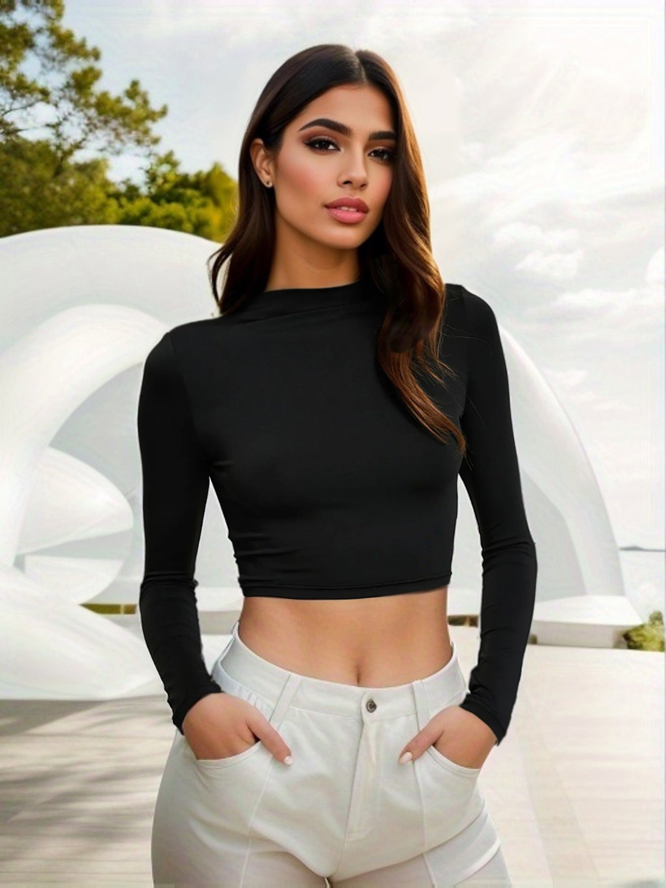 Winter Women Clothing Sexy Slim Fit Cropped Half Turtleneck Short Long Sleeve Top