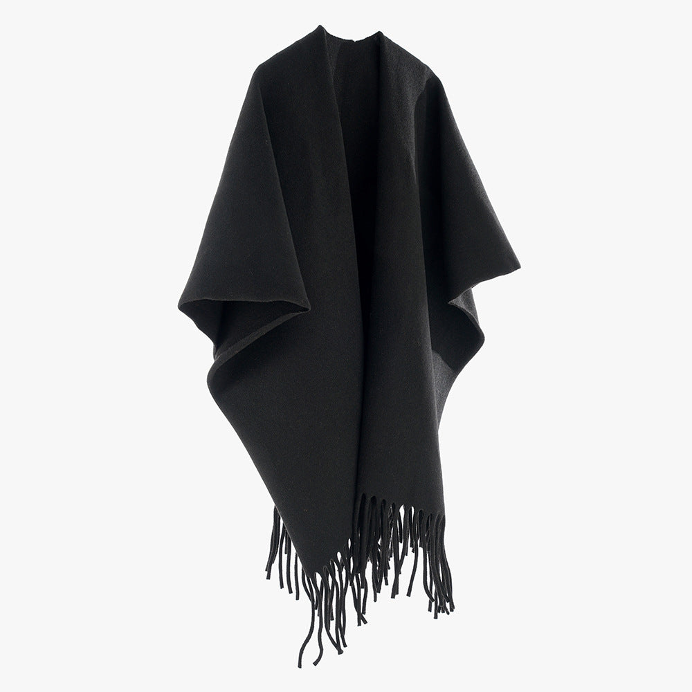 Solid Color All Matching Cashmere Tassel Shawl for Women Fall Winter Retro Travel Warm Outerwear Cloak Robe