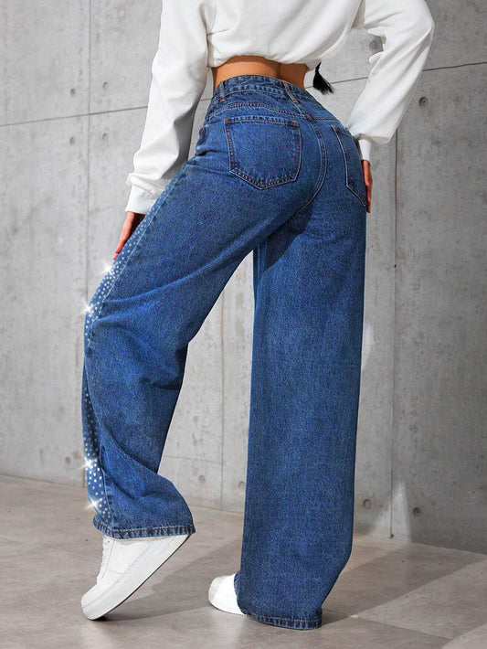 Retro Blue Jeans Women Autumn Winter Rhinestone Butterfly Loose Straight Trousers