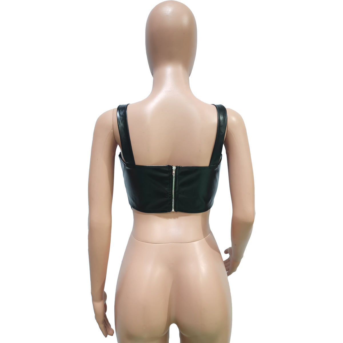 Women Clothing Spring Summer Solid Color Faux Leather Sleeveless Spaghetti Straps Corset Zipper Vest