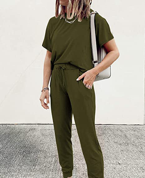 Autumn Winter Women Clothing Home Loose Solid Color Short Sleeve Casual Suit Women