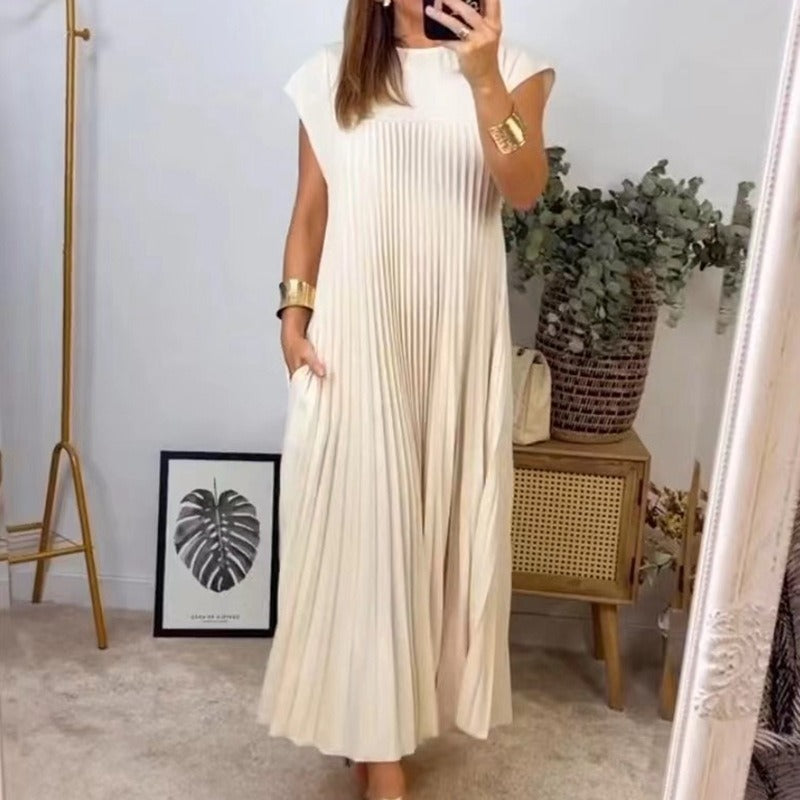 Women Clothing Maxi Dress Elegant round Neck Sleeveless Pleated Dress