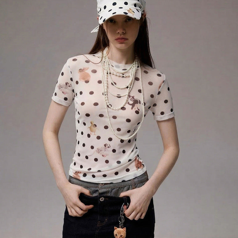 Spring Summer Women Clothing Animal Polka Dot Printed Waist Controlled Short Sleeve Top T shirt