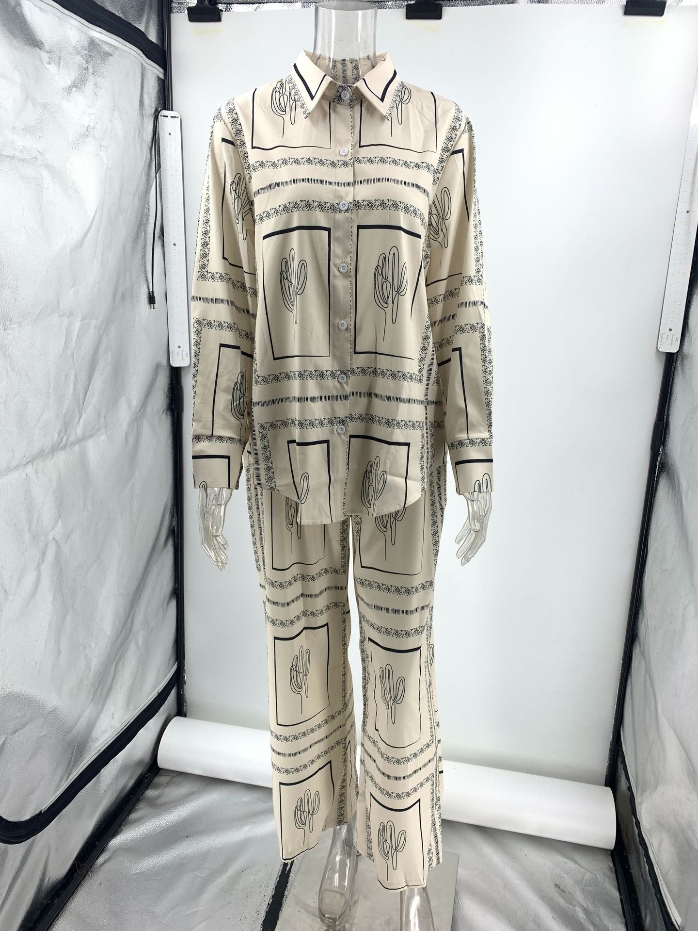 Printed Long Sleeved Shirt Trousers Two Piece Suit Home Wear