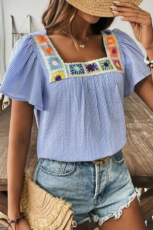 Summer Floral Stitching Square Collar Pullover Women Striped Short Sleeve T shirt Women