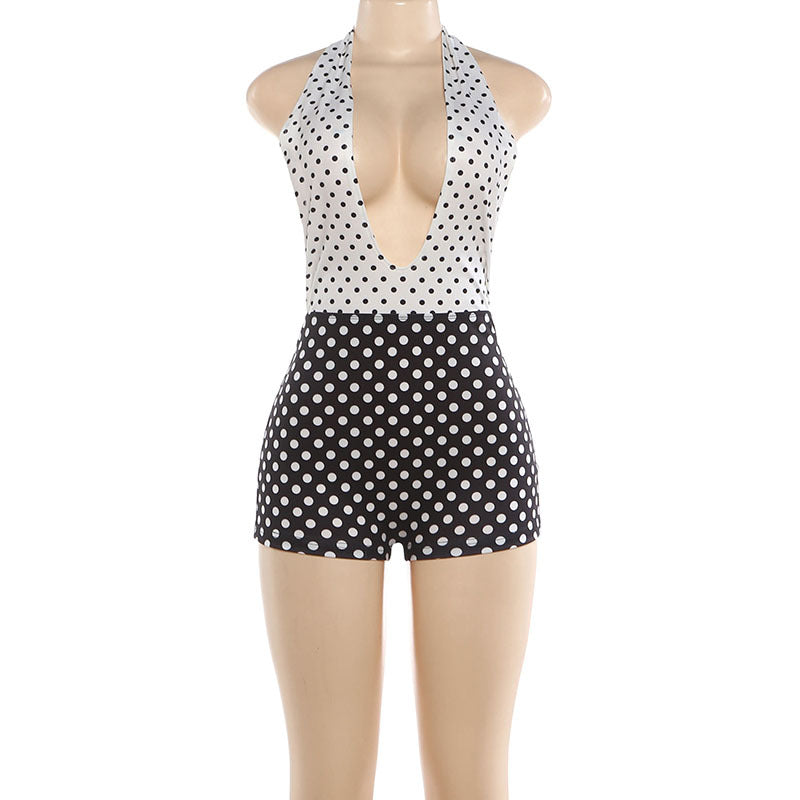 Winter Women Clothing Color Contrast Polka Dot Printed Sexy Halter Backless Jumpsuit